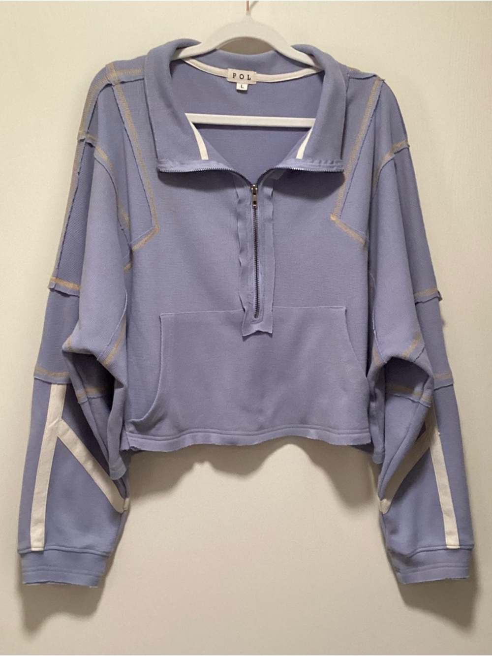 NWOT POL Lavender Cropped Half‑Zip Pullover with Cream Stripe Detail
